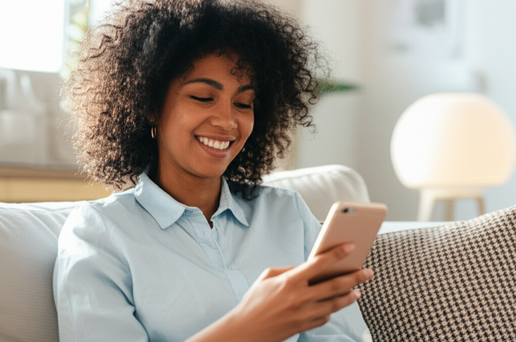 Happy woman looking at her phone in a comfortable setting